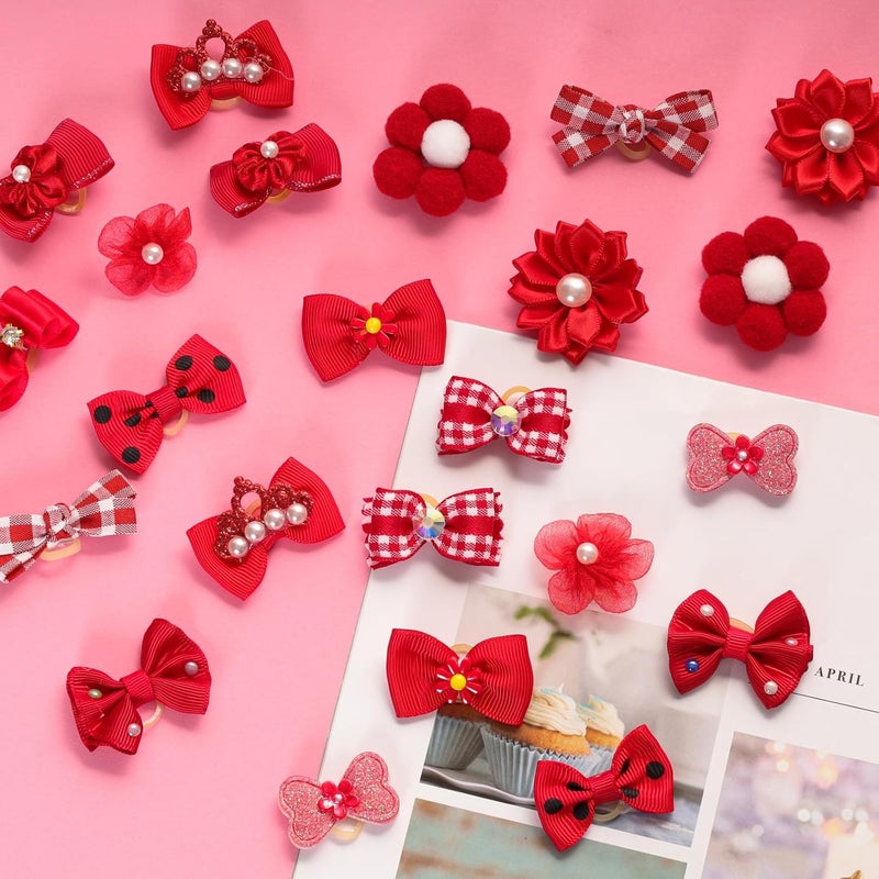 Gvhntk 24Pcs Red Small Dog Hair Bows Cute Puppy Dog Bowknot Hair Bow Bulk with Rubber Bands Elastic Lace Rhinestone Pearls Hair Ties Mix Style Handmade Flower Bow Dog Cat (Red, Strong Pattern) - Image 2